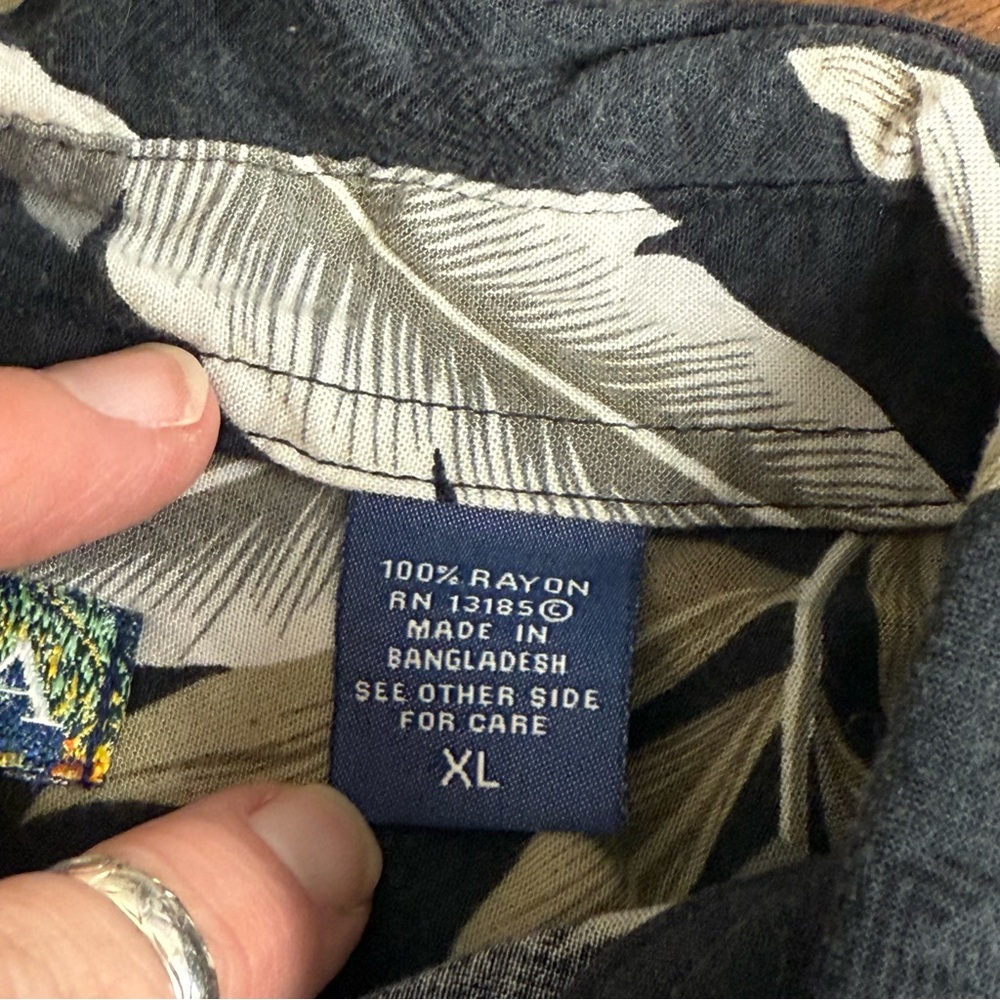 Campia Rayon Hawaiian Shirt XL | Black Tan Tropical Leaf Print Summer Cruise - Picture 7 of 9